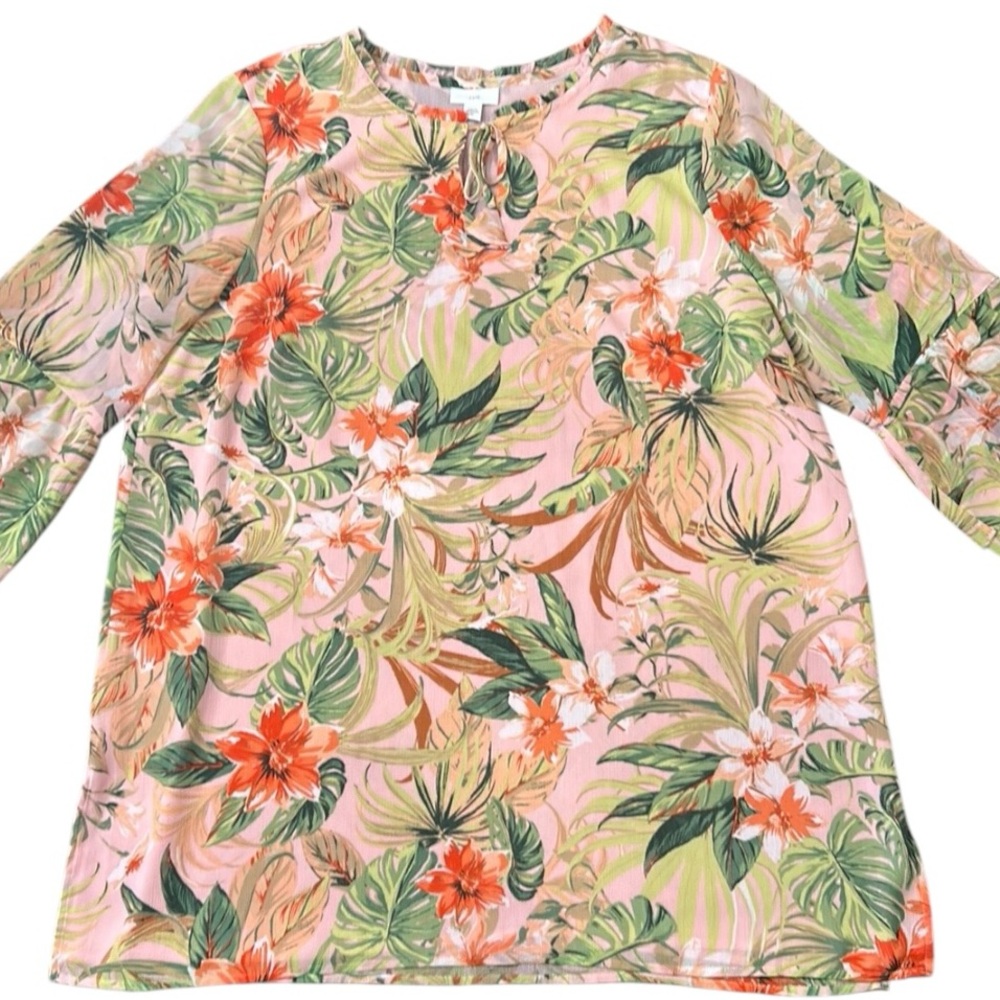 J. Jill Tropical Floral Print Lined Chiffon 3/4 Sleeve Tunic Top XL - Picture 7 of 13